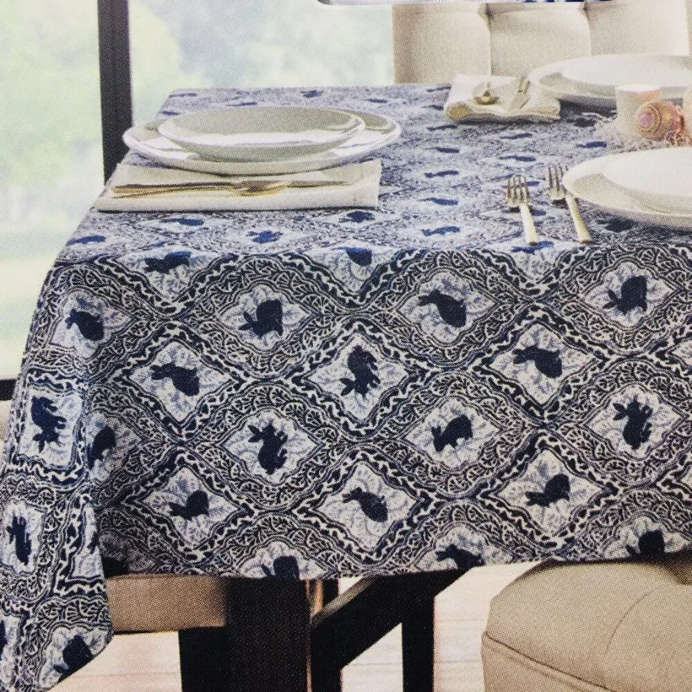 Nicole Miller Easter Bunny Tablecloth 60x104 Blue White Farmhouse Country Spring